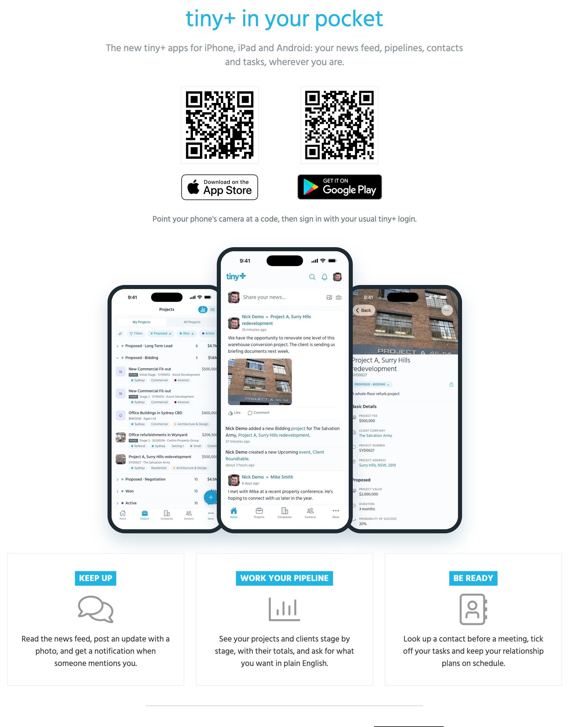 The Our apps page: a code and a store badge for each app, three phone screens, and the Outlook Add-in link